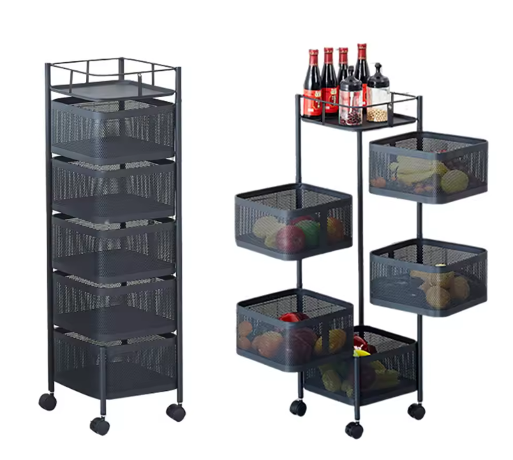 5-Laags Roterend Opbergrek met Wielen – Metalen Keuken Trolley