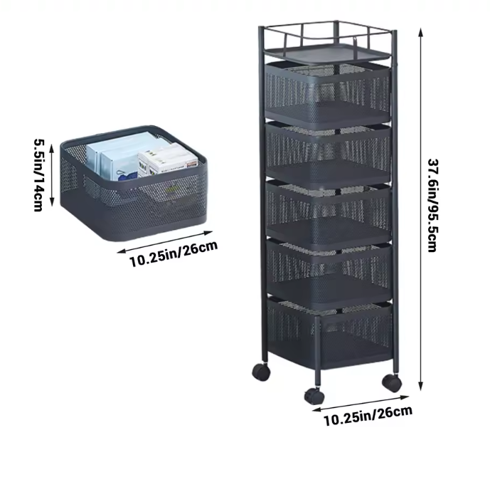 5-Laags Roterend Opbergrek met Wielen – Metalen Keuken Trolley