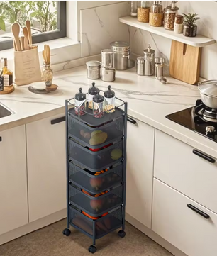 5-Laags Roterend Opbergrek met Wielen – Metalen Keuken Trolley