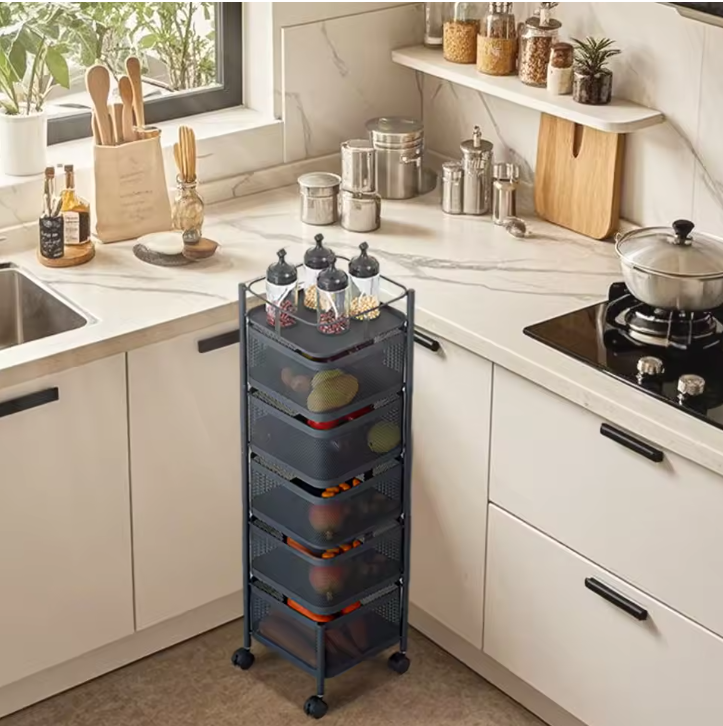 5-Laags Roterend Opbergrek met Wielen – Metalen Keuken Trolley