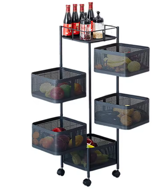 5-Laags Roterend Opbergrek met Wielen – Metalen Keuken Trolley