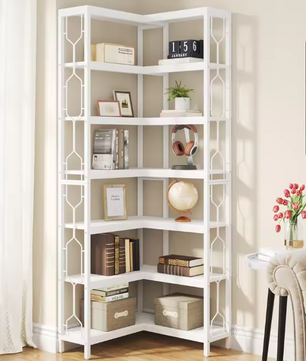 7-Laags Industriële Hoekboekenkast – Houten & Metalen Opbergrek, Modern en Functioneel