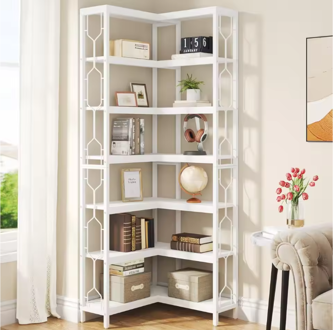 7-Laags Industriële Hoekboekenkast – Houten & Metalen Opbergrek, Modern en Functioneel