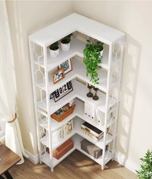 7-Laags Industriële Hoekboekenkast – Houten & Metalen Opbergrek, Modern en Functioneel