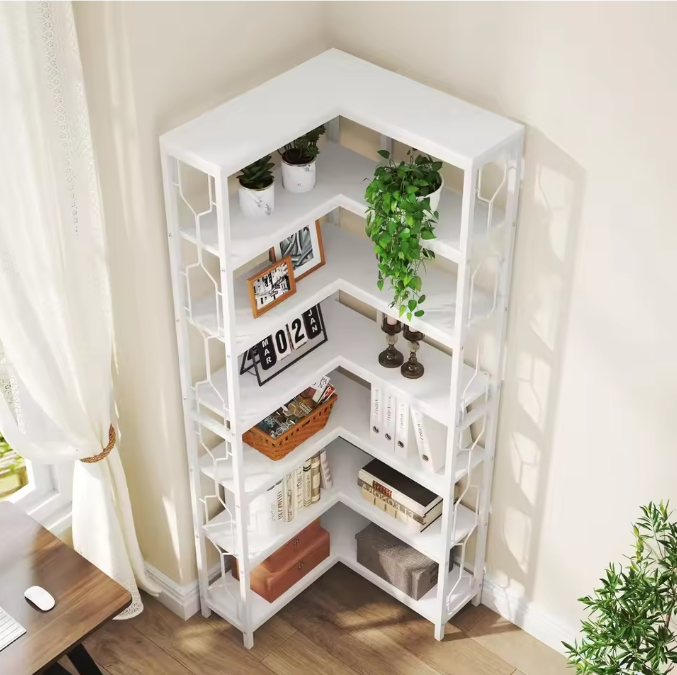 7-Laags Industriële Hoekboekenkast – Houten & Metalen Opbergrek, Modern en Functioneel