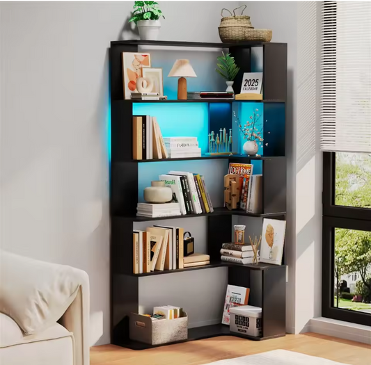 Hoekboekenkast met 5 Lagen & LED-Verlichting – Ruimtebesparend en Multifunctioneel