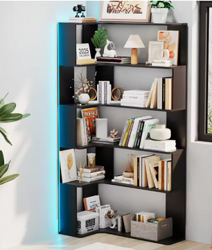 Hoekboekenkast met 5 Lagen & LED-Verlichting – Ruimtebesparend en Multifunctioneel