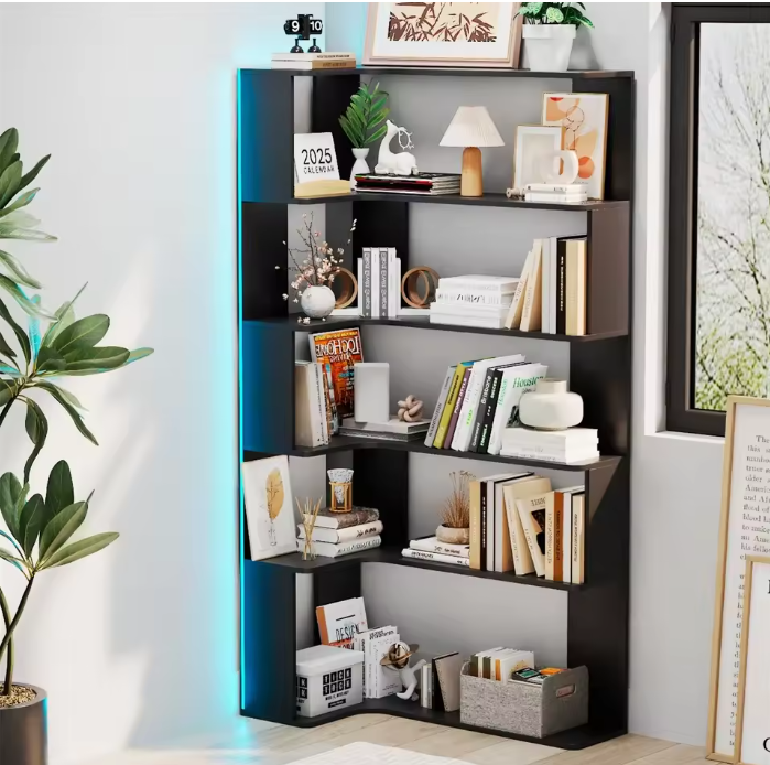 Hoekboekenkast met 5 Lagen & LED-Verlichting – Ruimtebesparend en Multifunctioneel