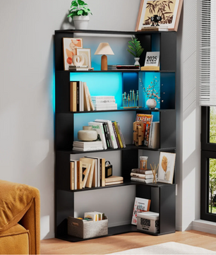 Hoekboekenkast met 5 Lagen & LED-Verlichting – Ruimtebesparend en Multifunctioneel