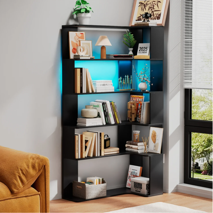 Hoekboekenkast met 5 Lagen & LED-Verlichting – Ruimtebesparend en Multifunctioneel