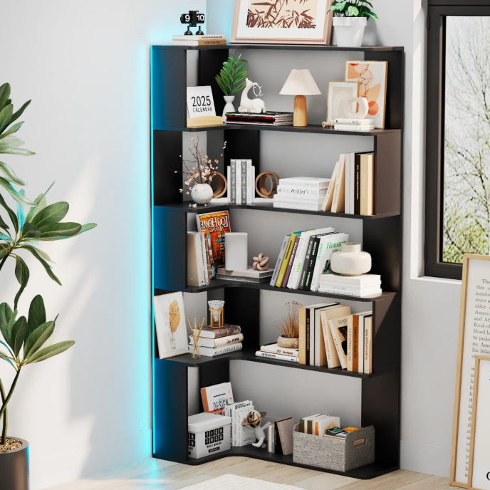 Hoekboekenkast met 5 Lagen & LED-Verlichting – Ruimtebesparend en Multifunctioneel