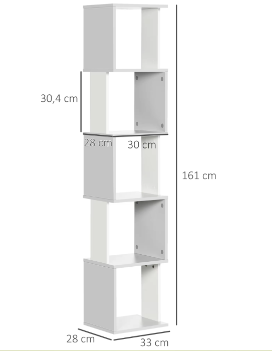 S-Boekenkast met 5 Lagen – Moderne Witte Opbergrek