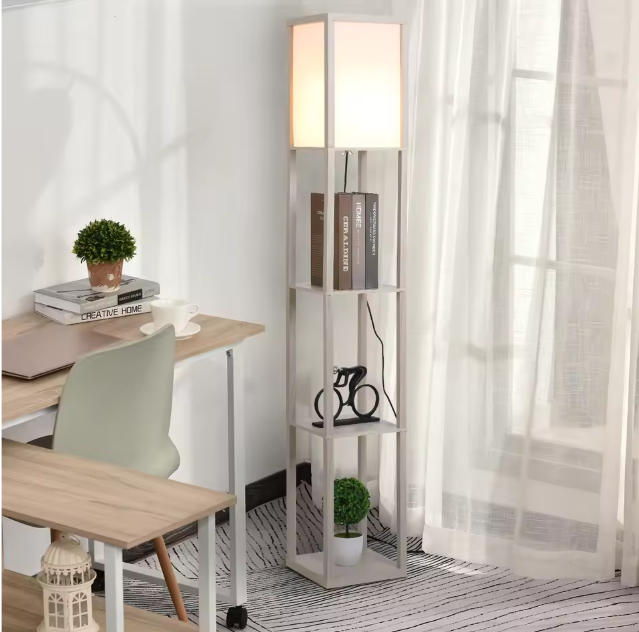 Staande Lamp met 3 Planken – Houten Vloerlamp met Opbergruimte