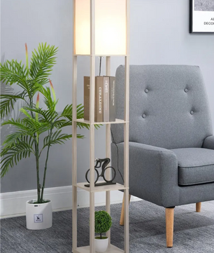Staande Lamp met 3 Planken – Houten Vloerlamp met Opbergruimte