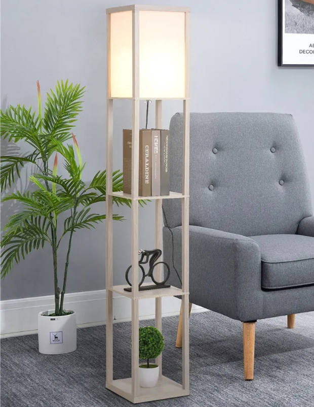 Staande Lamp met 3 Planken – Houten Vloerlamp met Opbergruimte