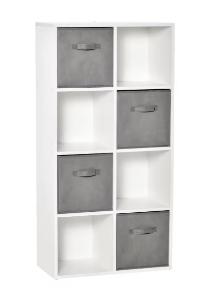 8-Vaks Opbergkast met 4 Uittrekbare Lades – Houten Kast & Stoffen Boxen, Modern en Functioneel
