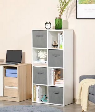 8-Vaks Opbergkast met 4 Uittrekbare Lades – Houten Kast & Stoffen Boxen, Modern en Functioneel