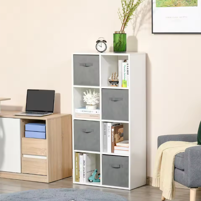 8-Vaks Opbergkast met 4 Uittrekbare Lades – Houten Kast & Stoffen Boxen, Modern en Functioneel