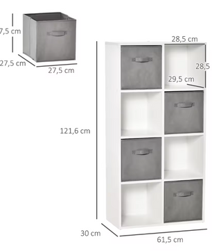 8-Vaks Opbergkast met 4 Uittrekbare Lades – Houten Kast & Stoffen Boxen, Modern en Functioneel