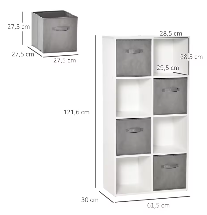8-Vaks Opbergkast met 4 Uittrekbare Lades – Houten Kast & Stoffen Boxen, Modern en Functioneel