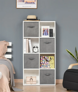8-Vaks Opbergkast met 4 Uittrekbare Lades – Houten Kast & Stoffen Boxen, Modern en Functioneel
