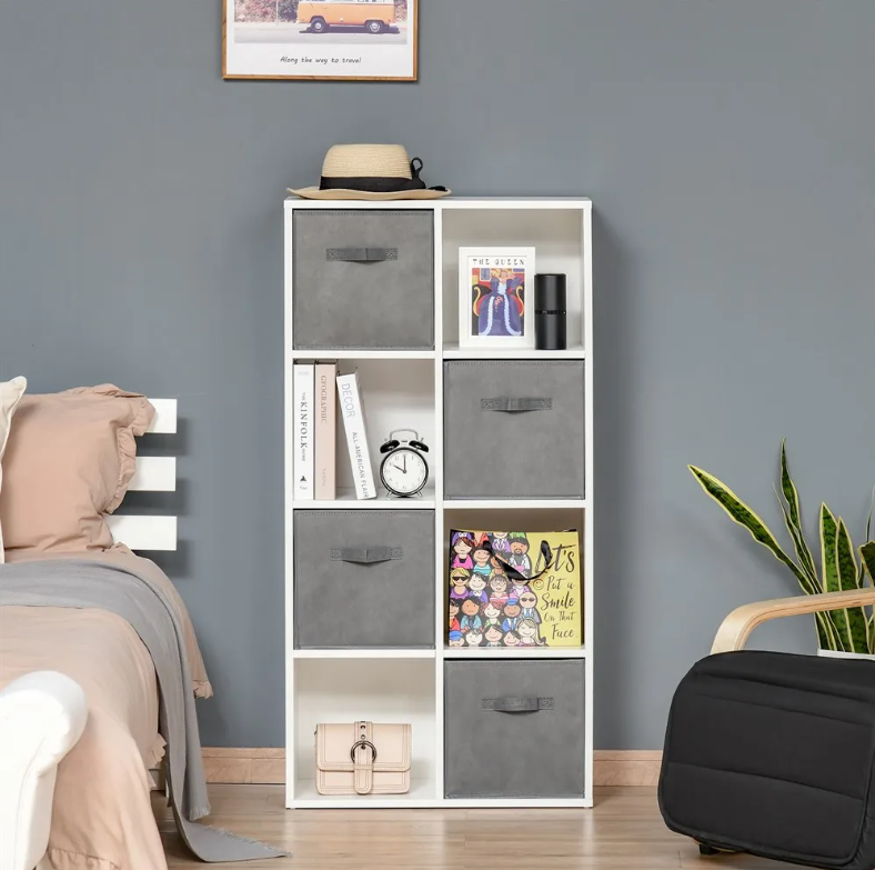 8-Vaks Opbergkast met 4 Uittrekbare Lades – Houten Kast & Stoffen Boxen, Modern en Functioneel