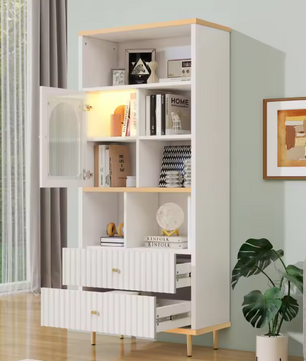 Multifunctionele Boekenkast met LED-Verlichting – MDF & Metalen Poten, 2 Lades, Modern en Ruim
