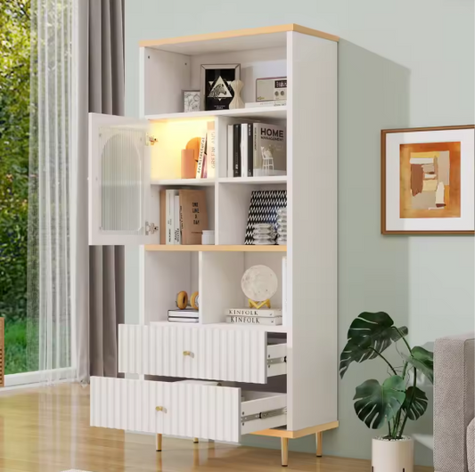 Multifunctionele Boekenkast met LED-Verlichting – MDF & Metalen Poten, 2 Lades, Modern en Ruim