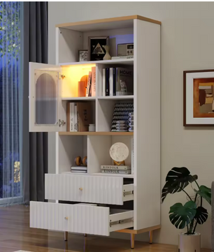 Multifunctionele Boekenkast met LED-Verlichting – MDF & Metalen Poten, 2 Lades, Modern en Ruim