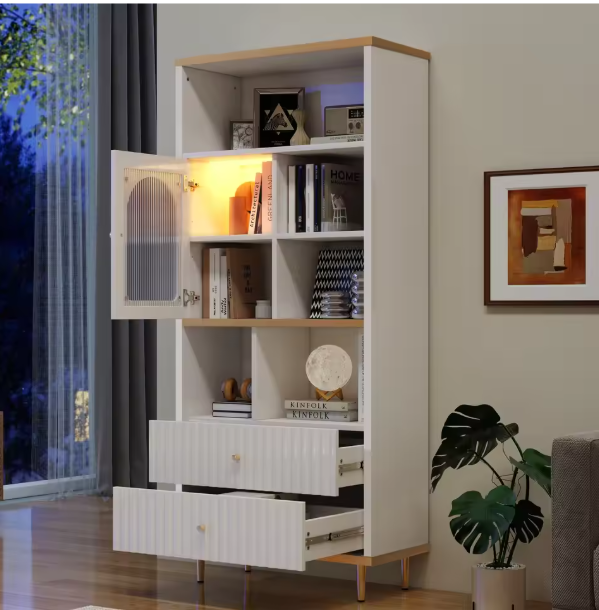 Multifunctionele Boekenkast met LED-Verlichting – MDF & Metalen Poten, 2 Lades, Modern en Ruim