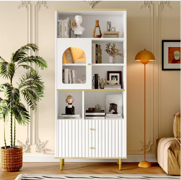 Multifunctionele Boekenkast met LED-Verlichting – MDF & Metalen Poten, 2 Lades, Modern en Ruim