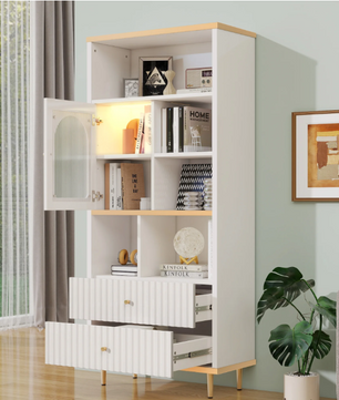 Multifunctionele Boekenkast met LED-Verlichting – MDF & Metalen Poten, 2 Lades, Modern en Ruim