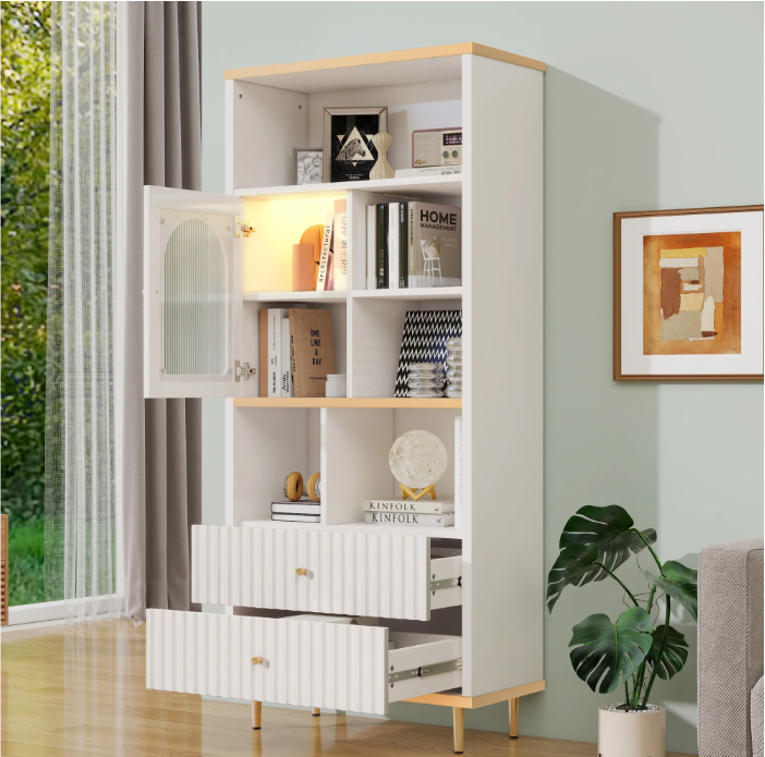 Multifunctionele Boekenkast met LED-Verlichting – MDF & Metalen Poten, 2 Lades, Modern en Ruim