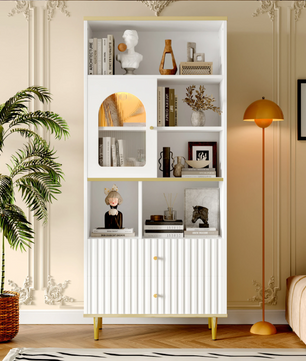 Multifunctionele Boekenkast met LED-Verlichting – MDF & Metalen Poten, 2 Lades, Modern en Ruim
