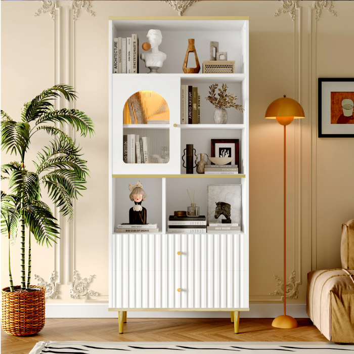 Multifunctionele Boekenkast met LED-Verlichting – MDF & Metalen Poten, 2 Lades, Modern en Ruim