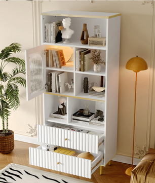 Multifunctionele Boekenkast met LED-Verlichting – MDF & Metalen Poten, 2 Lades, Modern en Ruim