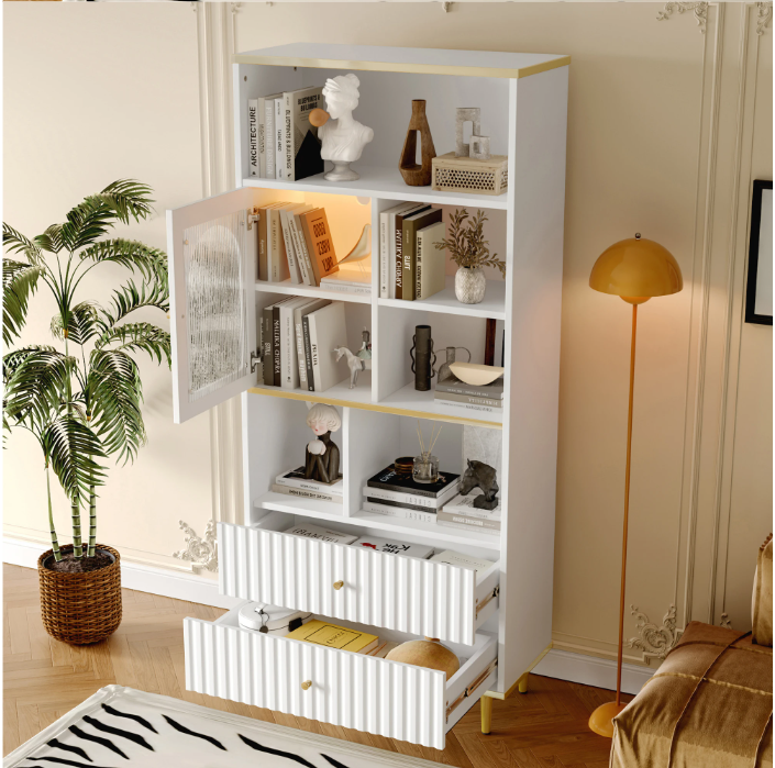 Multifunctionele Boekenkast met LED-Verlichting – MDF & Metalen Poten, 2 Lades, Modern en Ruim