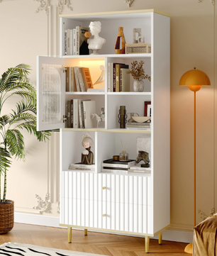 Multifunctionele Boekenkast met LED-Verlichting – MDF & Metalen Poten, 2 Lades, Modern en Ruim