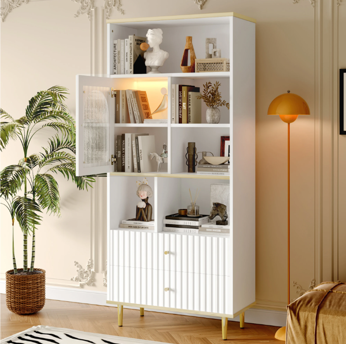 Multifunctionele Boekenkast met LED-Verlichting – MDF & Metalen Poten, 2 Lades, Modern en Ruim