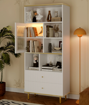 Multifunctionele Boekenkast met LED-Verlichting – MDF & Metalen Poten, 2 Lades, Modern en Ruim