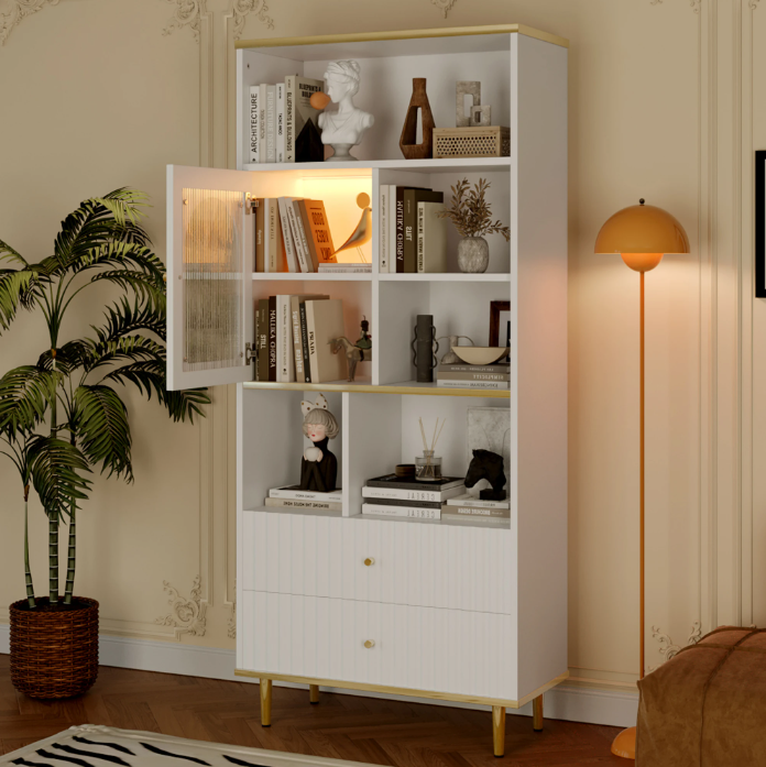 Multifunctionele Boekenkast met LED-Verlichting – MDF & Metalen Poten, 2 Lades, Modern en Ruim