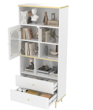Multifunctionele Boekenkast met LED-Verlichting – MDF & Metalen Poten, 2 Lades, Modern en Ruim