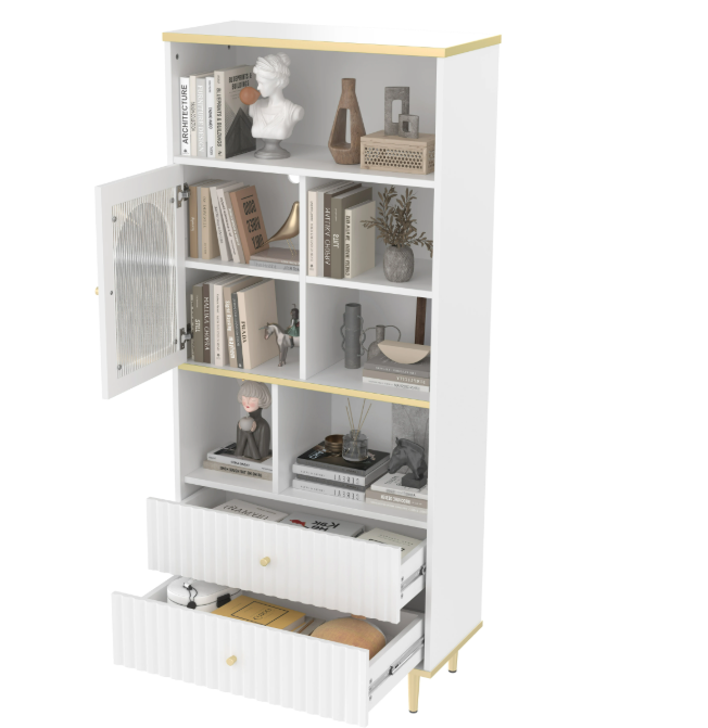 Multifunctionele Boekenkast met LED-Verlichting – MDF & Metalen Poten, 2 Lades, Modern en Ruim