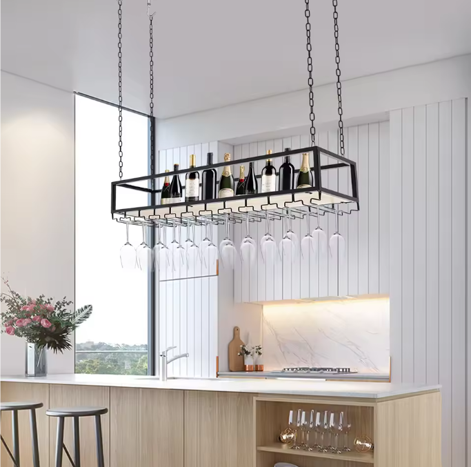 Vintage Hangend Wijnrek – Industrieel Plafondrek met Glashouder, 110 cm