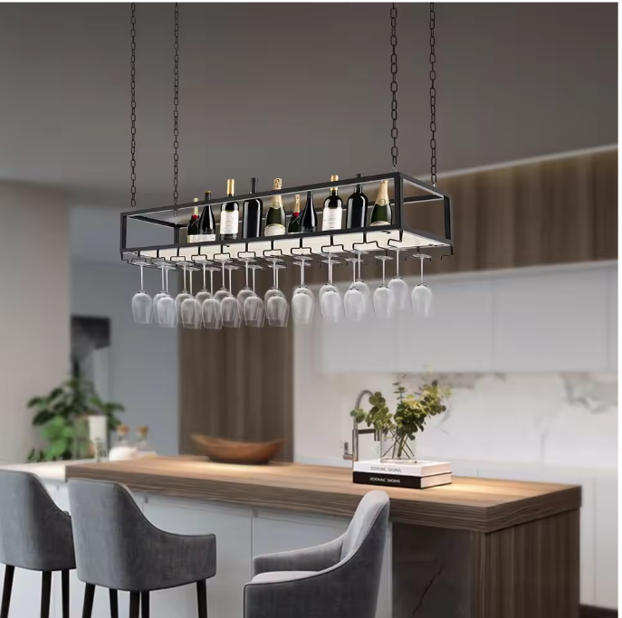 Vintage Hangend Wijnrek – Industrieel Plafondrek met Glashouder, 110 cm