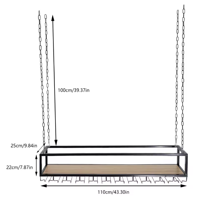 Vintage Hangend Wijnrek – Industrieel Plafondrek met Glashouder, 110 cm
