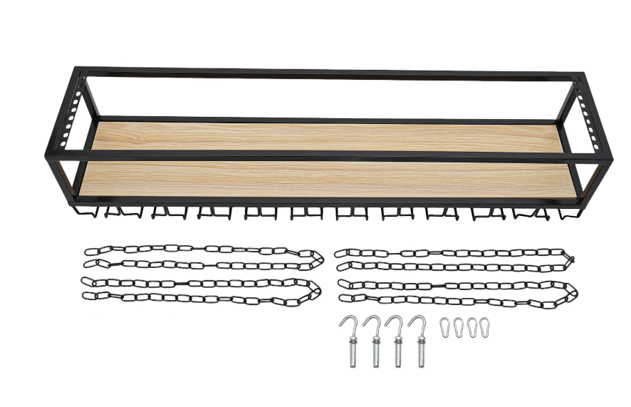 Vintage Hangend Wijnrek – Industrieel Plafondrek met Glashouder, 110 cm