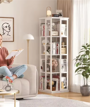 Draaibare Boekenkast 360° – Smalle Hoekkast met 4 Lagen, Houten Opbergrek