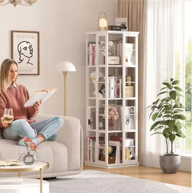 Draaibare Boekenkast 360° – Smalle Hoekkast met 4 Lagen, Houten Opbergrek