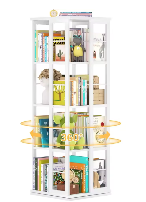 Draaibare Boekenkast 360° – Smalle Hoekkast met 4 Lagen, Houten Opbergrek